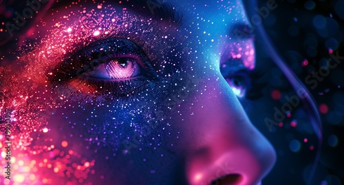 a woman with bright makeup and glitter on her face