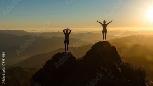 Women practicing sunrise yoga on a mountain peak  celebrating peace and fitness in nature