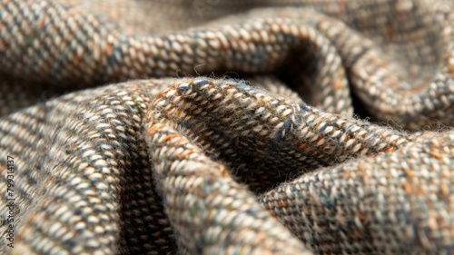 Macro shot of a tweed fabric with visible threads and subtle color variations, emphasizing the complexity of the material.