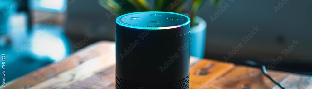 A photo of a smart speaker sitting on a wooden table. The speaker is black and has a blue light ring around the top. There is a plant in the background. A photo of a smart speaker sitting on a wooden table. The speaker is black and has a blue light ring around the top. There is a plant in the background.