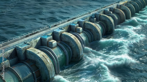 A large floating structure with many turbines attached to it is situated in the ocean. The turbines are spinning and generating electricity.