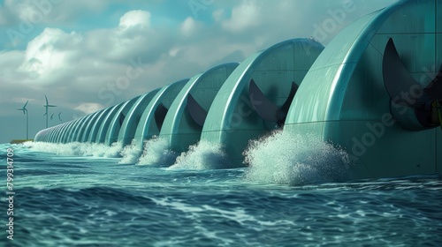 A large floating structure with many turbines attached to it is situated in the ocean. The turbines are spinning and generating electricity.