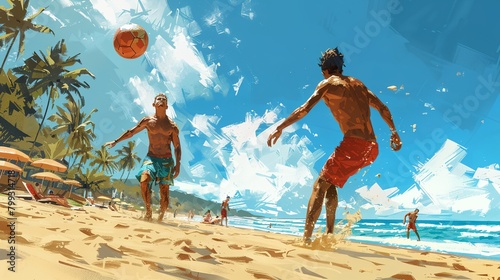 a painting of a man playing with a ball on the beach with other people