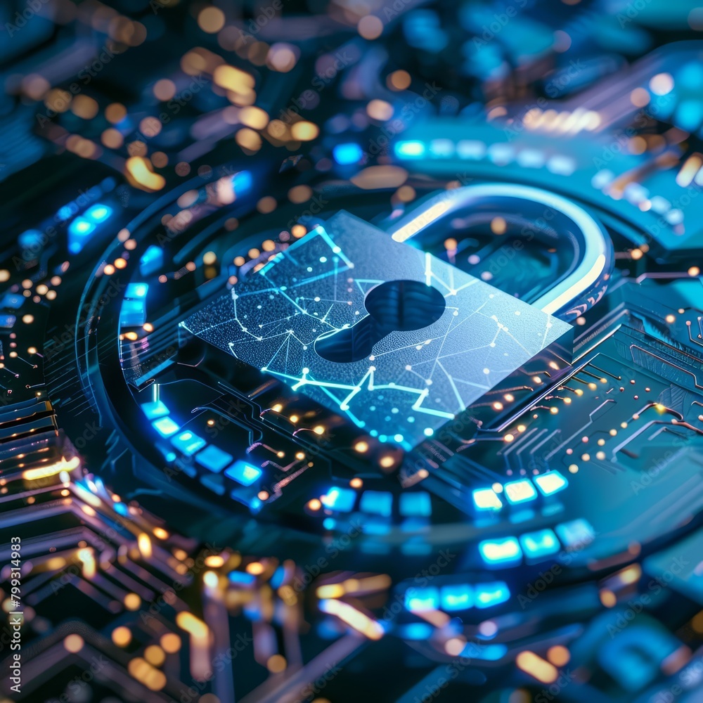 A glowing blue circuit board with a padlock on it. A glowing blue circuit board with a padlock on it.