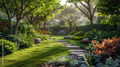 a garden with a path between two trees and a lush green lawn with flowers and shrubs on either side
