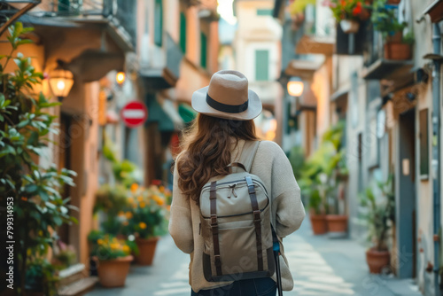 A woman wearing a straw hat and a backpack is walking down a narrow street. The street is lined with potted plants and has a red sign on the left side. The woman is enjoying her walk