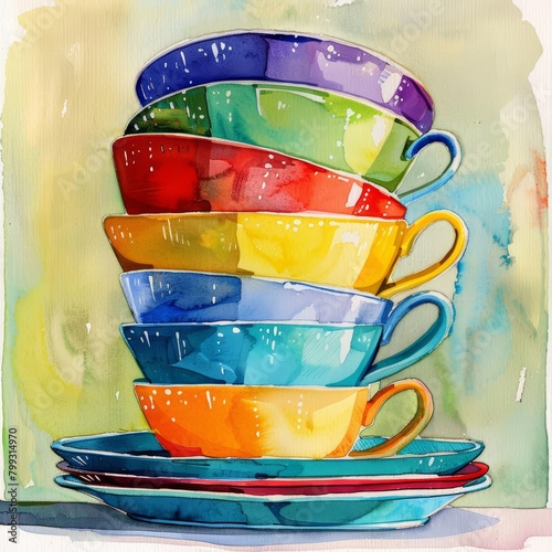 A watercolor painting of a stack of mismatched teacups. photo
