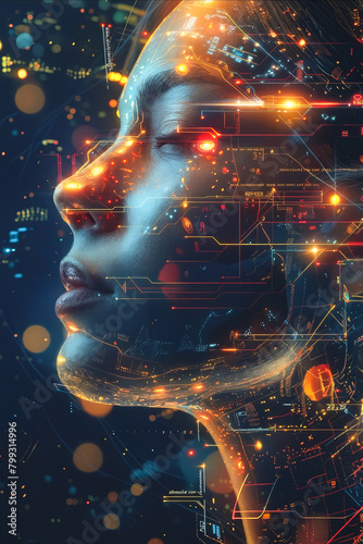 A woman's face is shown in a computer generated image with a lot of glowing lines and dots. The image is abstract and futuristic, with a sense of technology and artificial intelligence