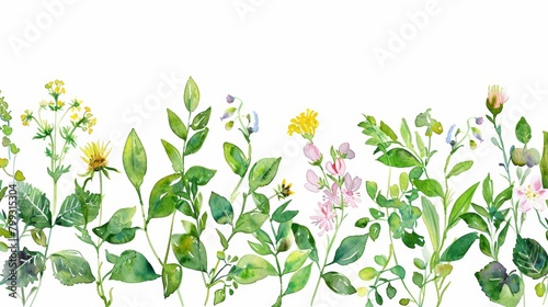 Watercolor Floral Border with Green Leaves and Wildflowers Generative AI