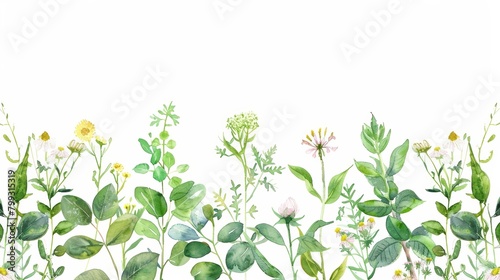 Watercolor Floral Border with Green Leaves and Wildflowers Generative AI