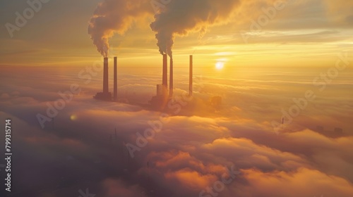 Sunset Over Industrial Smokestacks photo