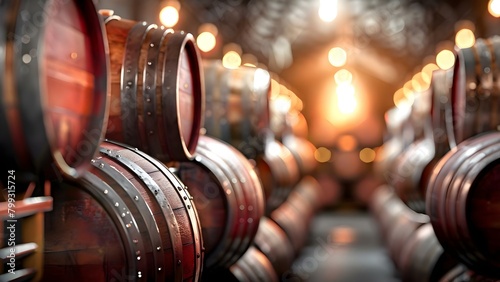 Weathered whiskey barrels in dimly lit aging facility: A detailed closeup. Concept Whiskey Barrels, Aging Facility, Dim Lighting, Detailed Closeup, Weathered Texture