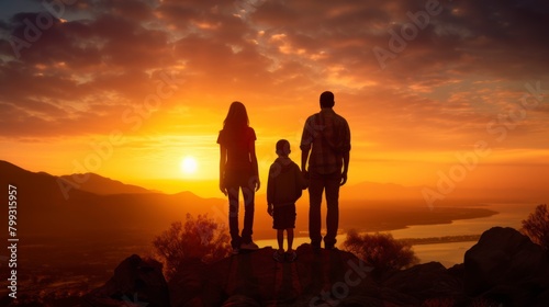  A family of three, consisting of two parents and a child, stands together facing a beautiful sunset.