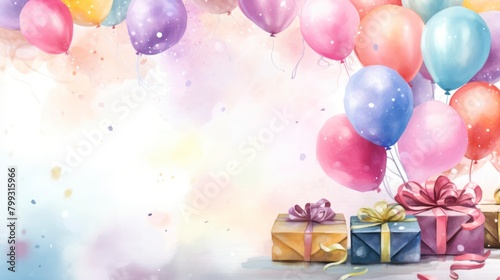  A collection of vibrant balloons and wrapped presents. The balloons are inflated and tied with ribbons, while the presents are various sizes and shapes. photo