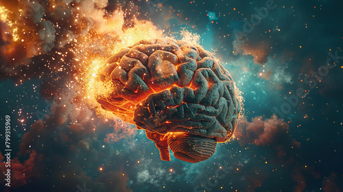 illustration of depressed brain , organ damage, crying brain sad, anxiety, depression, post partum, latest technology brain with rough smoke style art  photo