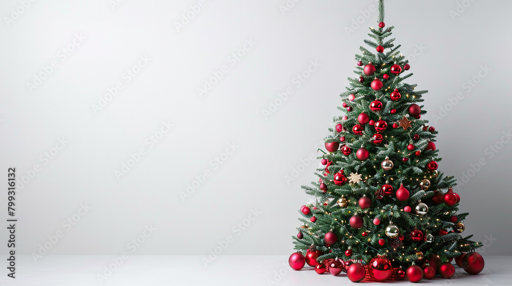 Christmas tree with red decor balls in the white room, copy space for text, greeting cards , art, portraits Christmas tree with red decor balls in the white room, copy space for text, greeting cards , art, portraits