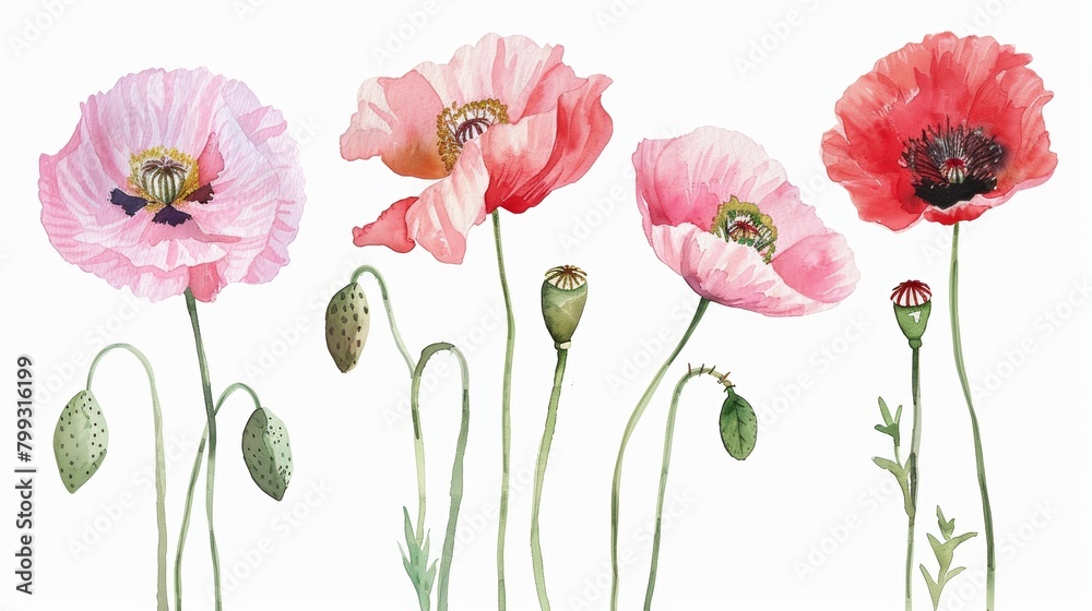 Obraz premium Vibrant Poppy Flowers on White Background Generative AI