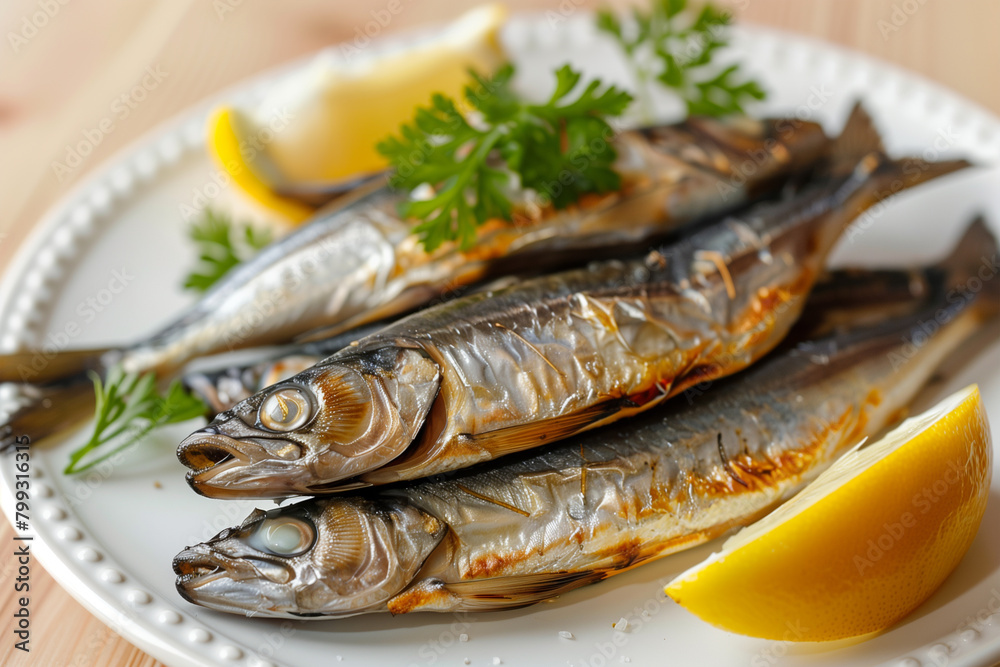White Plate With Fish and Lemon Wedge White Plate With Fish and Lemon Wedge