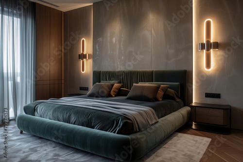 Modern style bedroom with a velvet green bed photo