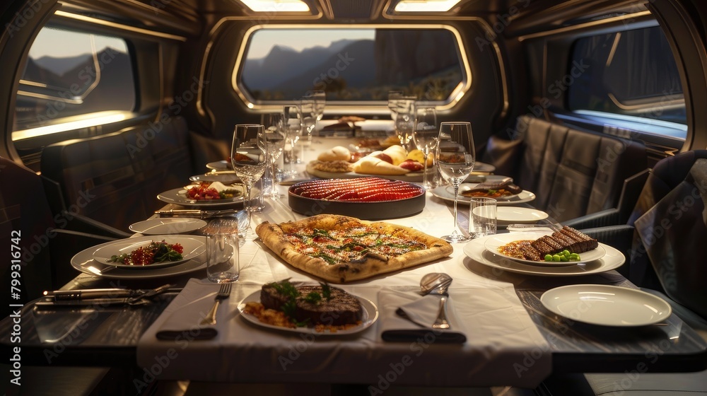 a modern high-speed rail train table adorned with a tablecloth, featuring tantalizing Western cuisine such as steak and pizza spread across it, enticing passengers with a feast on the move.