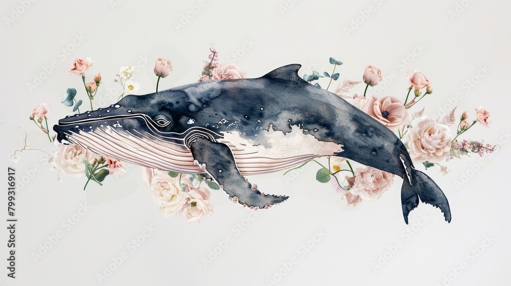 Fototapeta premium Whale Surrounded by Colorful Flowers on White Generative AI