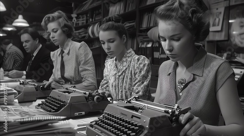 Early 1970s journalists at a bustling newspaper office, typing furiously on typewriters photo