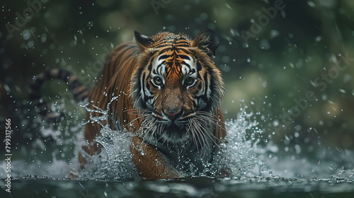 Tiger  running in water with a splash and looking at the camera