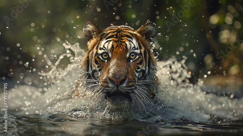 Tiger, running in water with a splash and looking at the camera