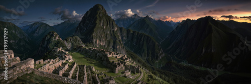 Panoramic view of the ruins of Machu Picchu in Peru,
