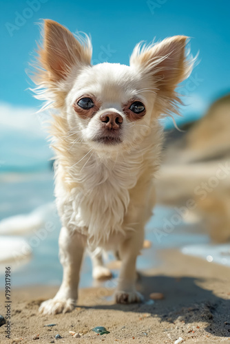 A small white dog is standing on the beach, looking at the camera. The dog's fur is fluffy and white, and it is enjoying the beach environment © valentyn640
