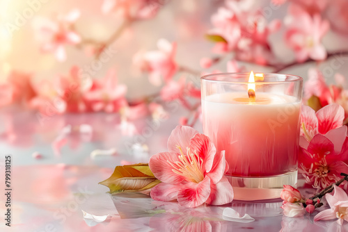 A candle is lit in a glass on a table with pink flowers. The scene is serene and calming, with the candle providing a warm and inviting atmosphere
