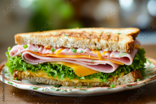 A sandwich with ham, cheese, and lettuce on a white plate. The sandwich is cut in half and placed on a wooden table