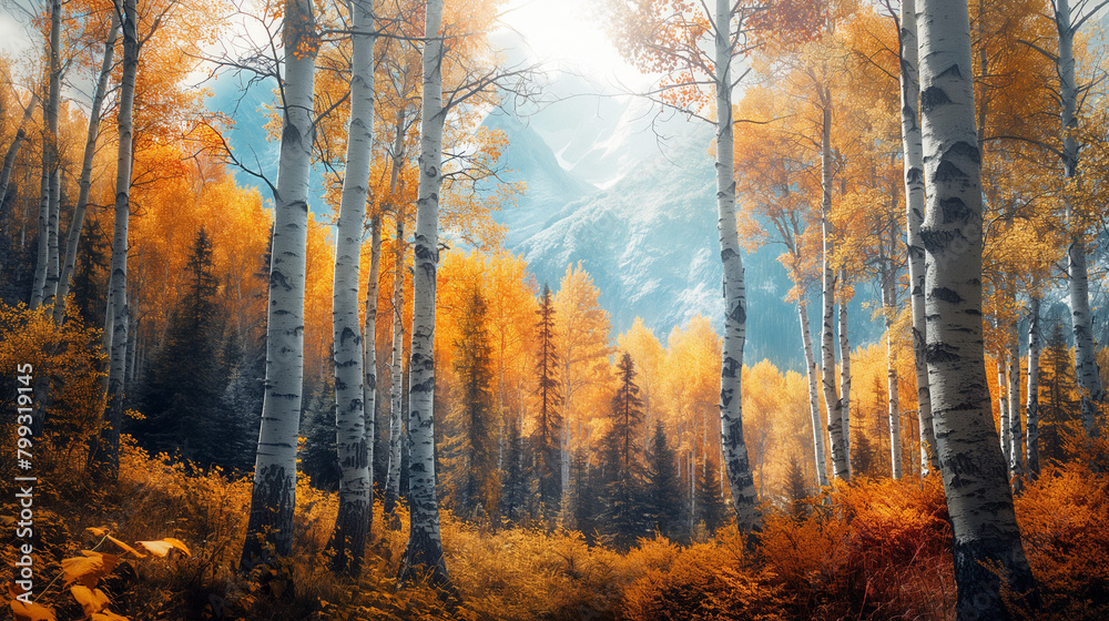 Fototapeta premium Autumn, Birch trees, Landscape, Fall, Nature, Scenery, Forest, Leaves, Colors, Foliage, Tranquil, Serene, Woodland, Golden, Rustic, Seasonal, Vibrant, Tranquility, Beauty, Outdoors, Wilderness