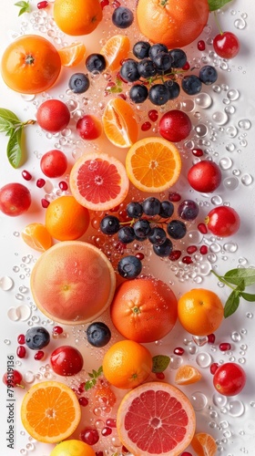 Vivid Collection of Fresh Citrus Fruits and Berries with Water Drops on White Background