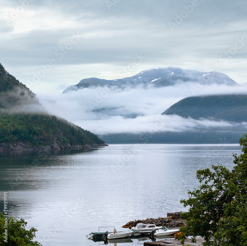 Geiranger Fjord (Norway) evening cloudy summer view