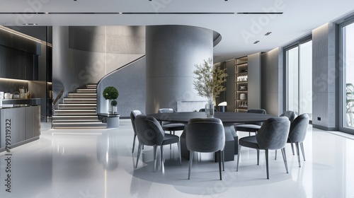 a high-end hotel lounge area with a circular table and chairs, sleek grey walls, white floors, and a striking large round black wooden dining table.