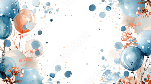 blue and beige watercolor art balloons and confetti on white background  Festive or party background. Flat lay style. Copy space for text. Birthday greeting card. gender reveal party  photo