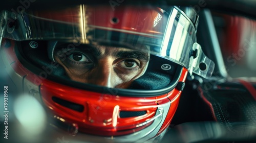 Close up portrait of racing car driver wearing helmet and focusing on driving car. Skilled driver looking forward while sitting in a racing car and looking at camera. Extreme sport concept. AIG42. © Summit Art Creations