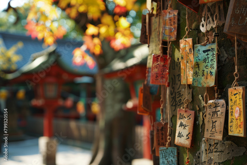 Traditional Ema Wooden Wishes Hanging in Japanese Shrine