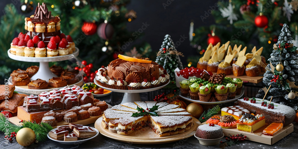 Festive Christmas Table with Cakes, Desserts, and Decorations