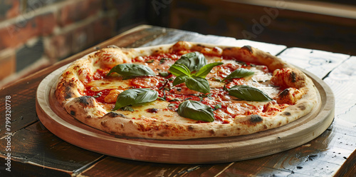 Fresh Italian Pizza with Cheese, Tomato, and Basil on Wooden Table