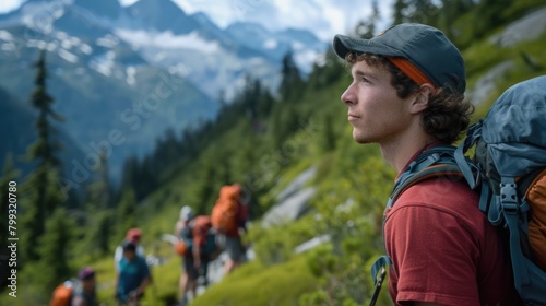 A group of travelers hiking up a beautiful mountain, surrounded by natural landscapes filled with plants, grasslands, and hills, under a vast sky. AIG41