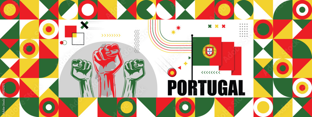 Flag and map of Portugal with raised fists. National day or Independence day design for Counrty celebration. Modern retro design with abstract icons. Vector illustration.