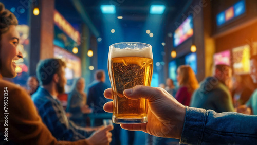 Man's hand holding a glass of beer on bokeh background