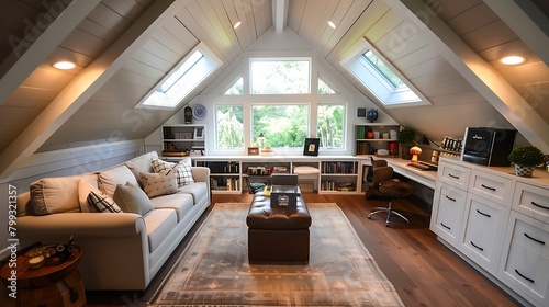 A cozy attic loft transformed into a versatile space for hobbies and relaxation, featuring skylights, built-in storage photo