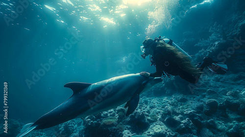 Dolphin swimming in the ocean with sun rays and sunbeams