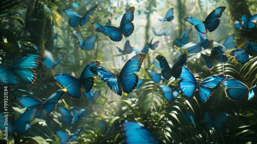 Blue butterflies, jungle, nature, wildlife, insects, tropical, rainforest, vibrant, colorful, beauty, fluttering, wings, exotic, flora, fauna, biodiversity, ecosystem, environment photo