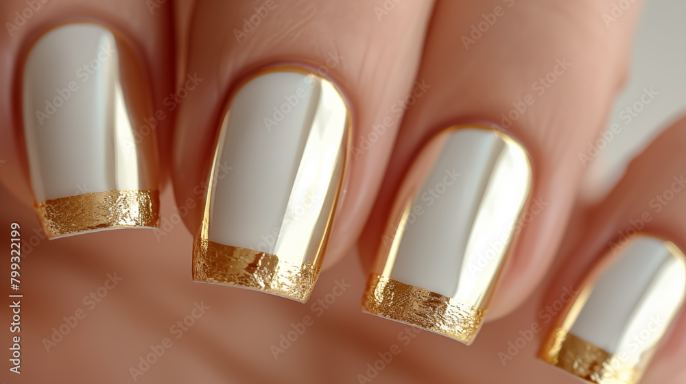 Brilliant luxury golden nail art . Close up, well-groomed female hands with brilliant manicure. 