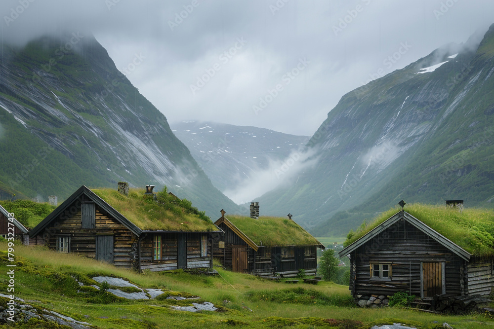 The most picturesque mountain valley in Europe, Innerdalen, is home to traditional wooden cottages with grass roofs in Norway. Landscape photography