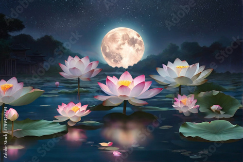a serene scene of lotus flowers blooming under a full moon for Vesak.